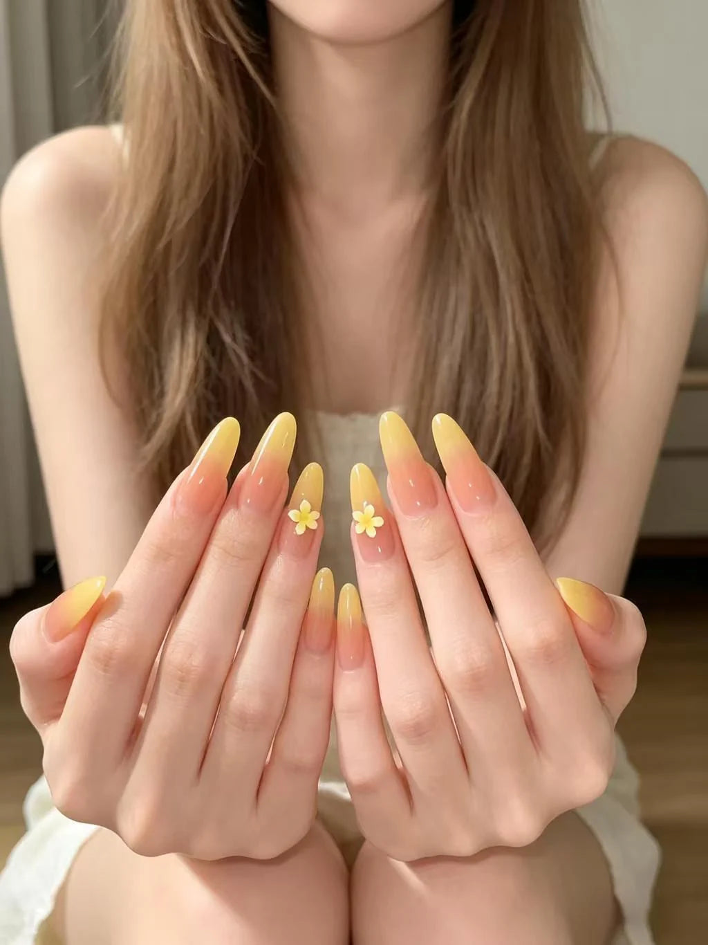 Nail Extensions Ombre Gradient Floral Accents Almond Shape
