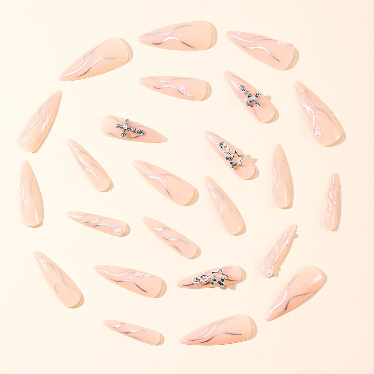 Nail Extensions Stiletto Acrylic Pearls & Metallic Accents