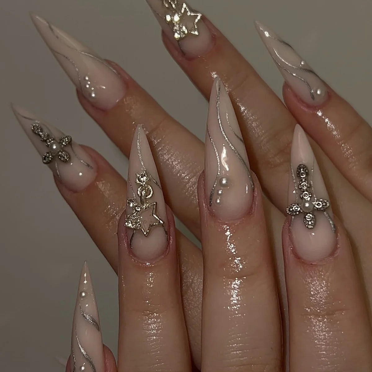 Nail Extensions Stiletto Acrylic Pearls & Metallic Accents