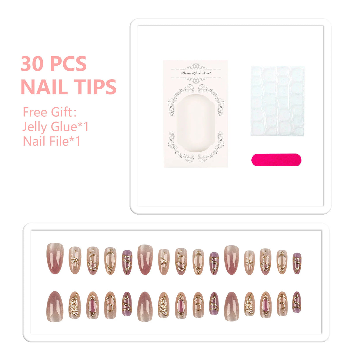 Nail Tip Set 30-Piece Decorative With Glue & File
