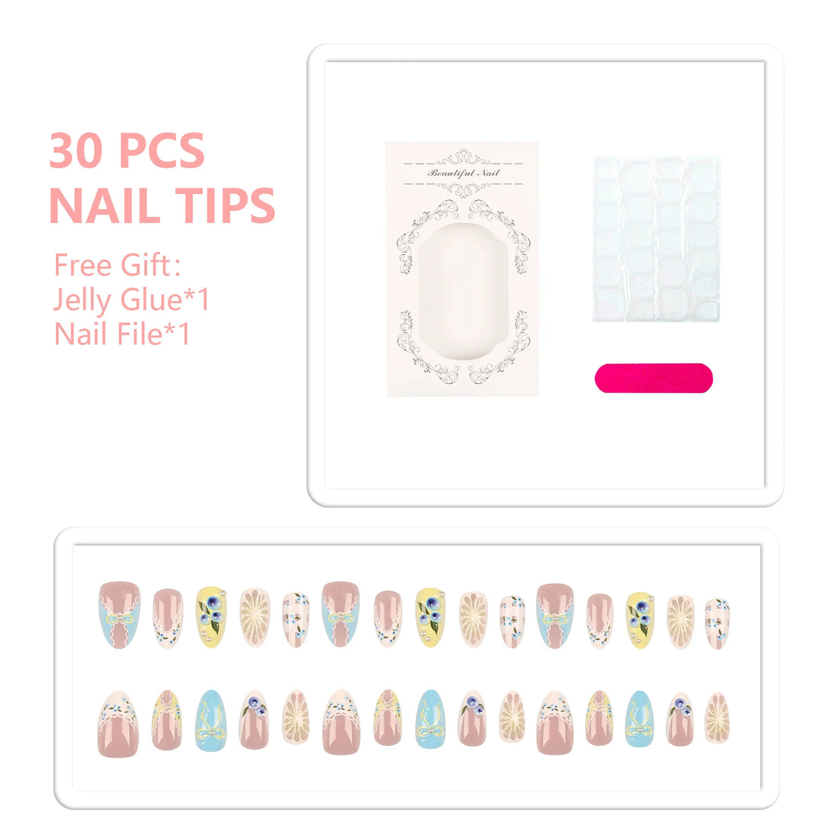 Nail Tips Set 30 Unique Designs Glue & File