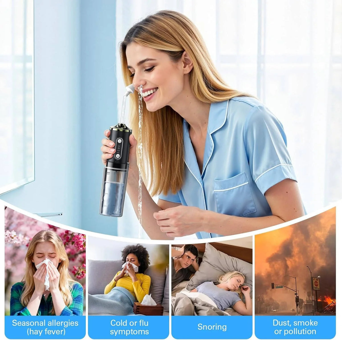 Nasal Irrigator Rechargeable Adjustable Pressure Double Nozzle