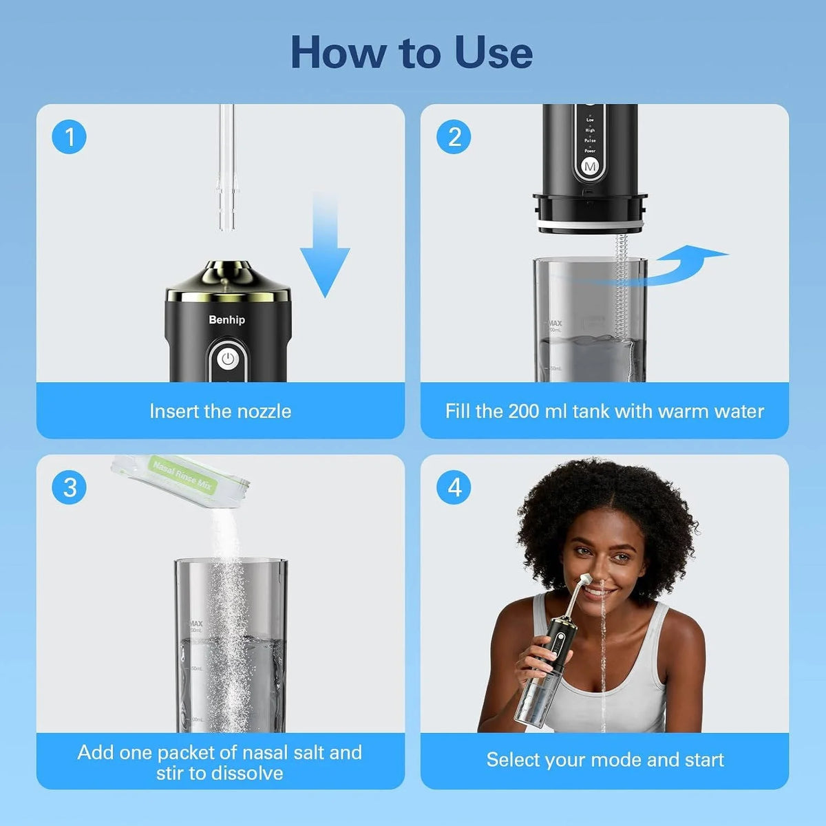 Nasal Irrigator Rechargeable Adjustable Pressure Double Nozzle