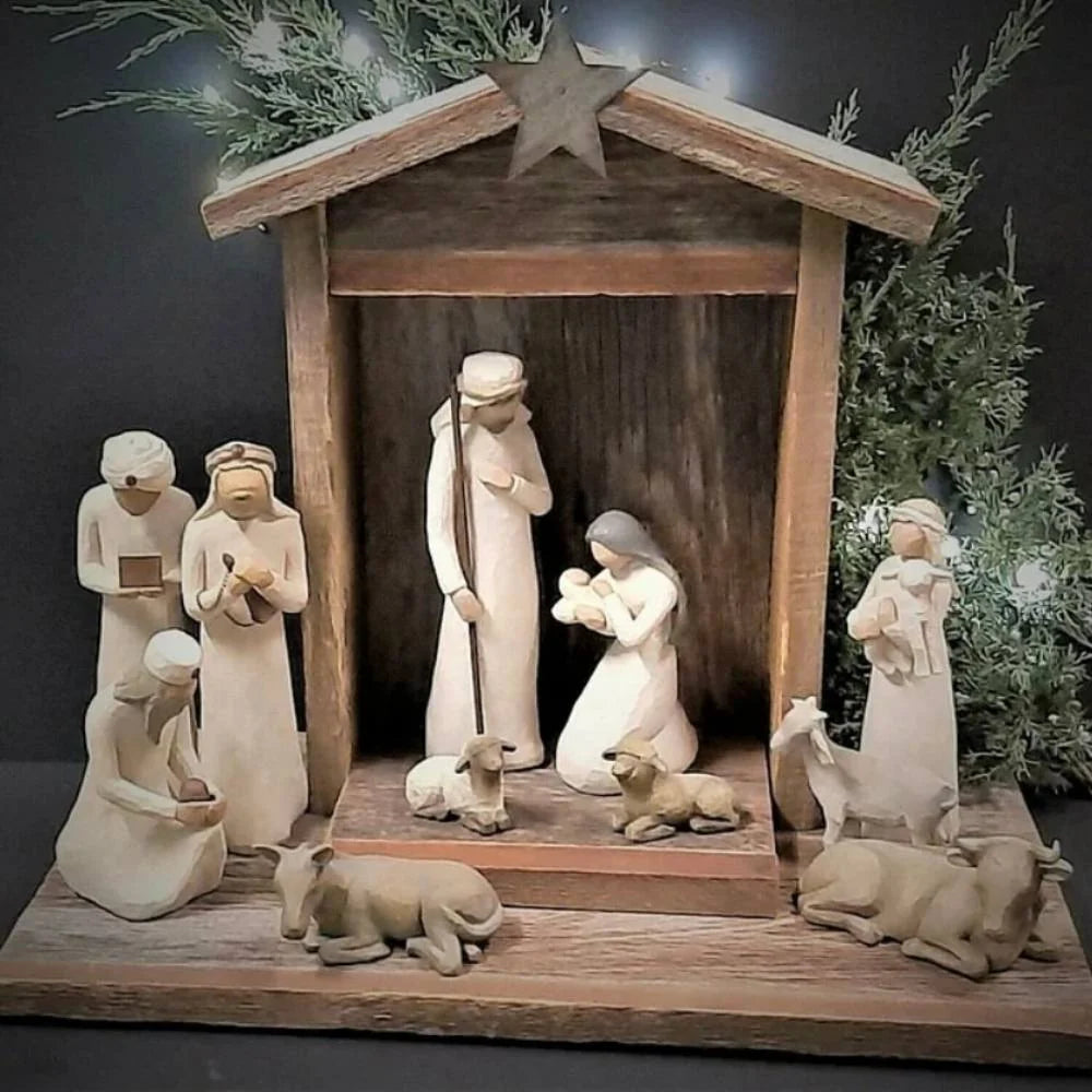 Nativity Set Handmade Barn Wood Holy Family & Animals