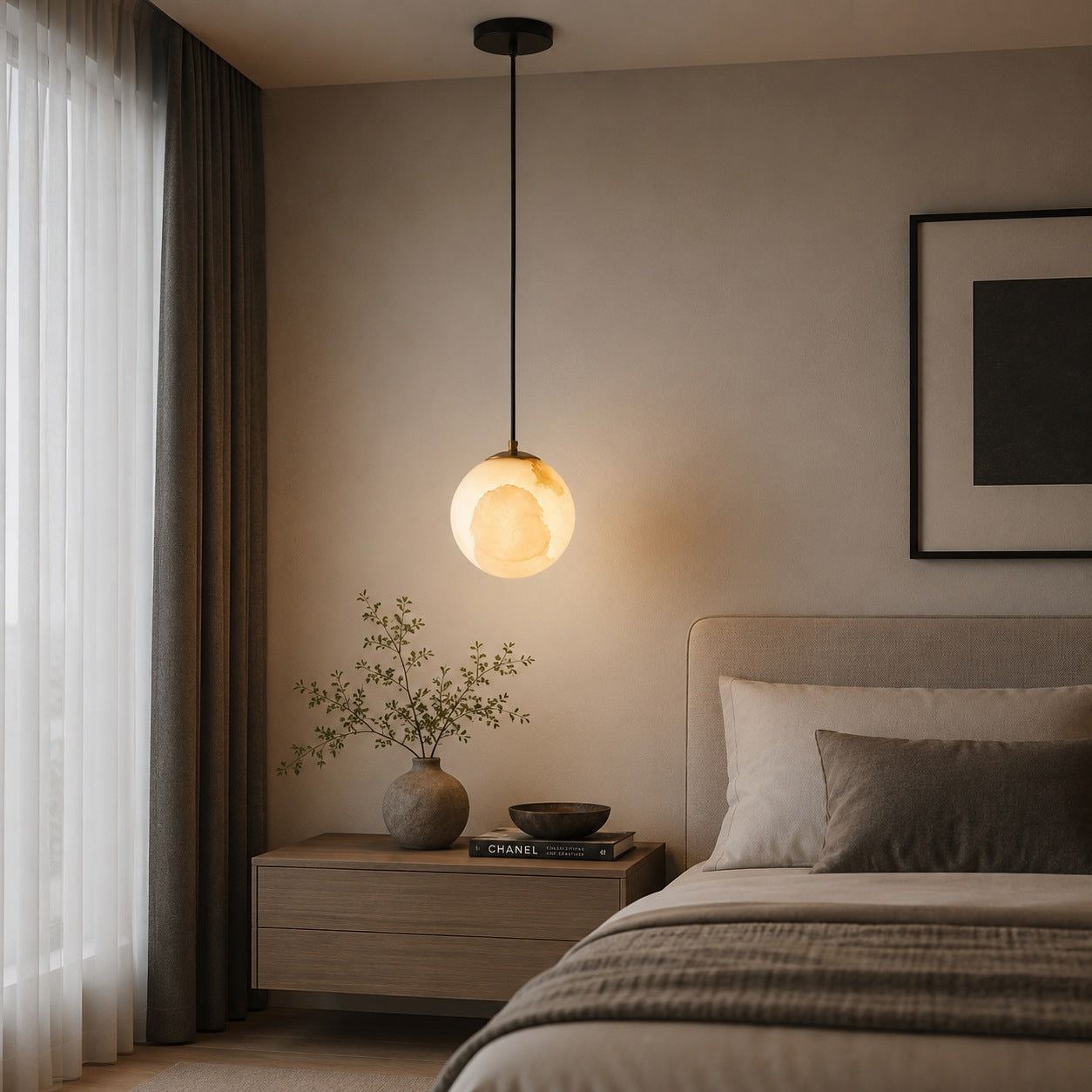 Natural Alabaster Globe Integrated LED Pendant Light (Adjustable Height)
