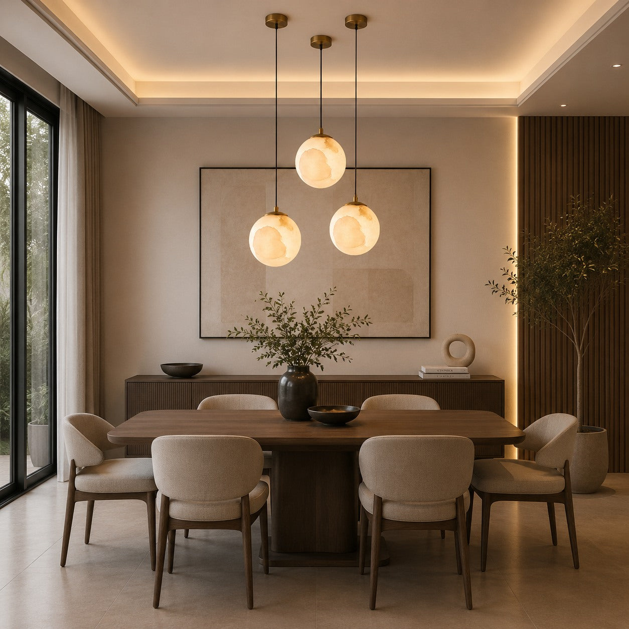 Natural Alabaster Globe Integrated LED Pendant Light (Adjustable Height)