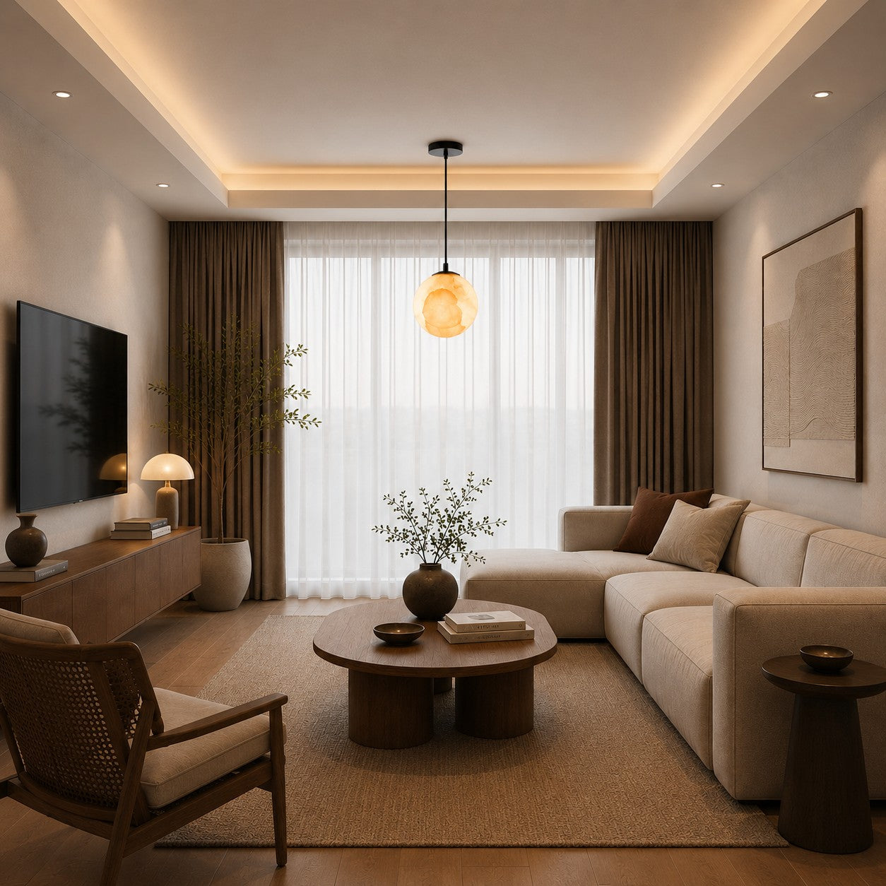 Natural Alabaster Globe Integrated LED Pendant Light (Adjustable Height)