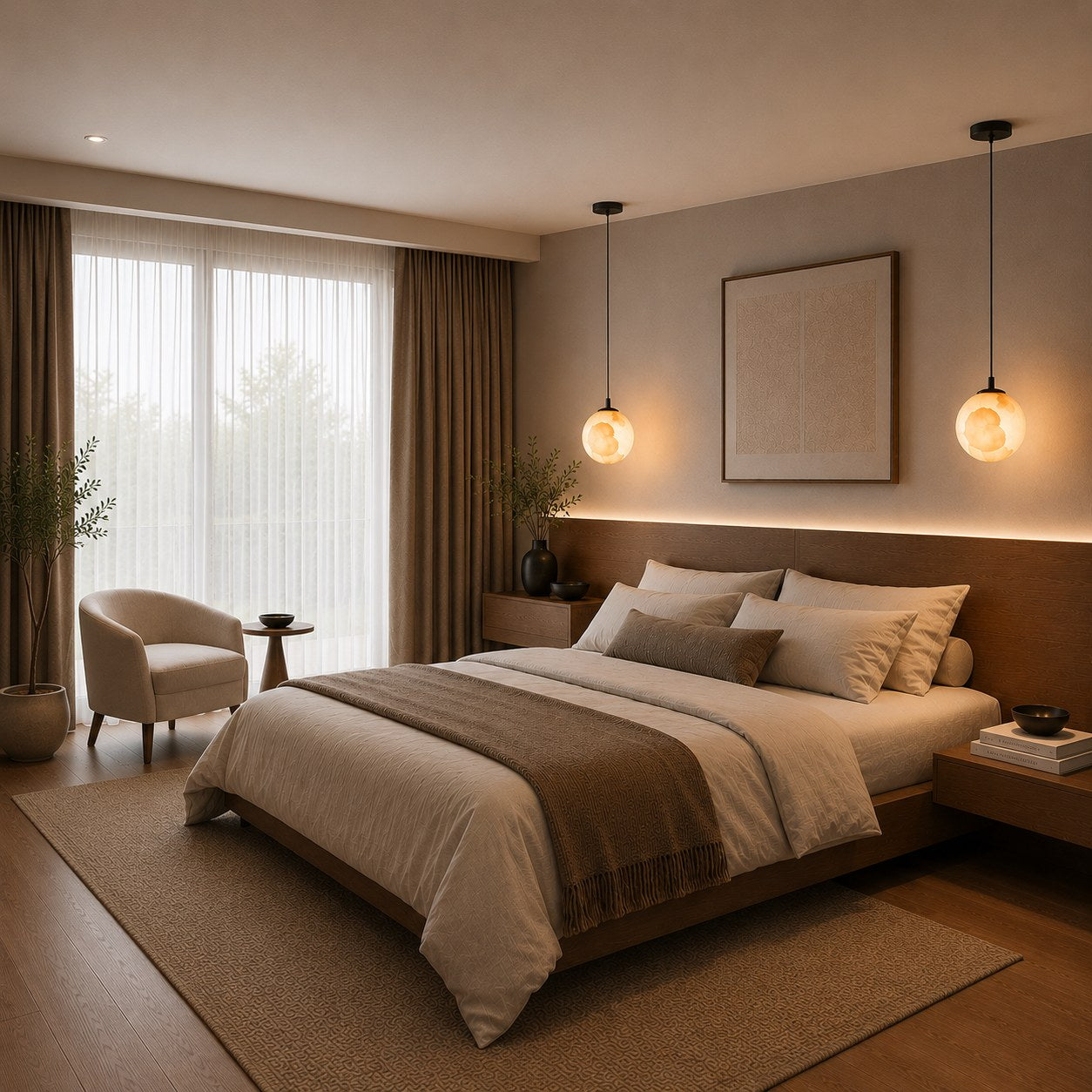 Natural Alabaster Globe Integrated LED Pendant Light (Adjustable Height)