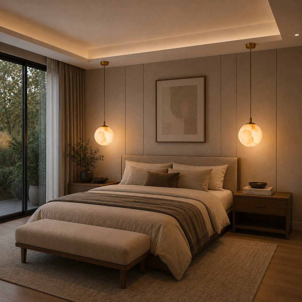 Natural Alabaster Globe Integrated LED Pendant Light (Adjustable Height)