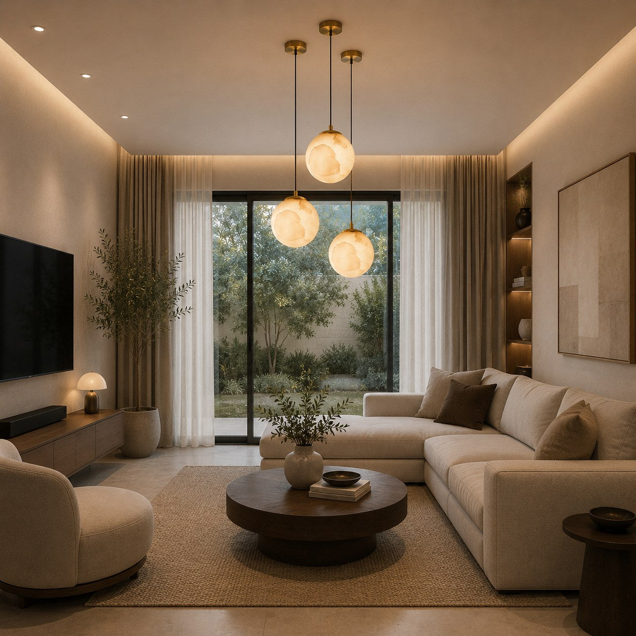 Natural Alabaster Globe Integrated LED Pendant Light (Adjustable Height)