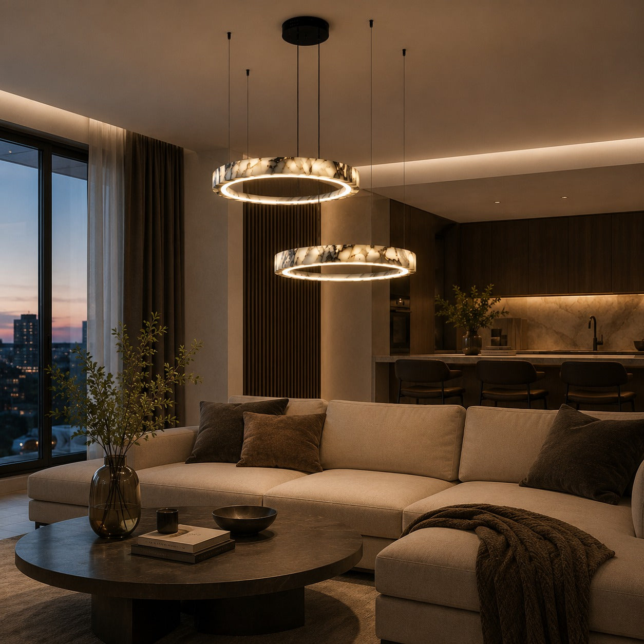 Natural Marble Dimmable LED Multi-Ring Chandelier