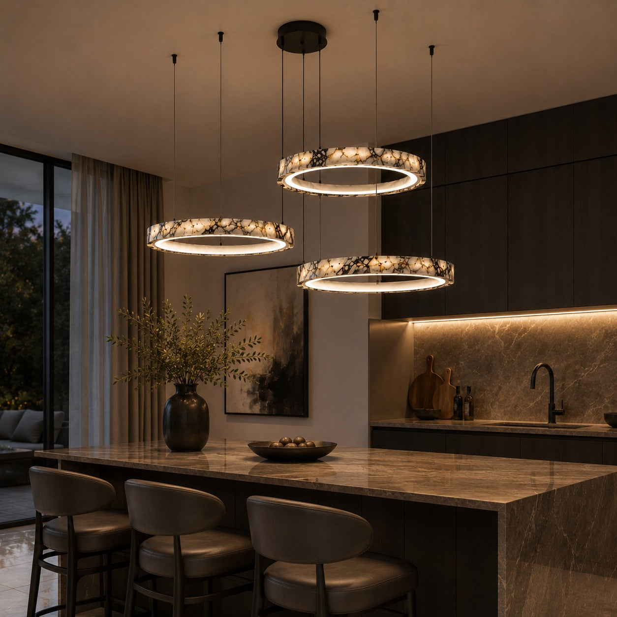 Natural Marble Dimmable LED Multi-Ring Chandelier