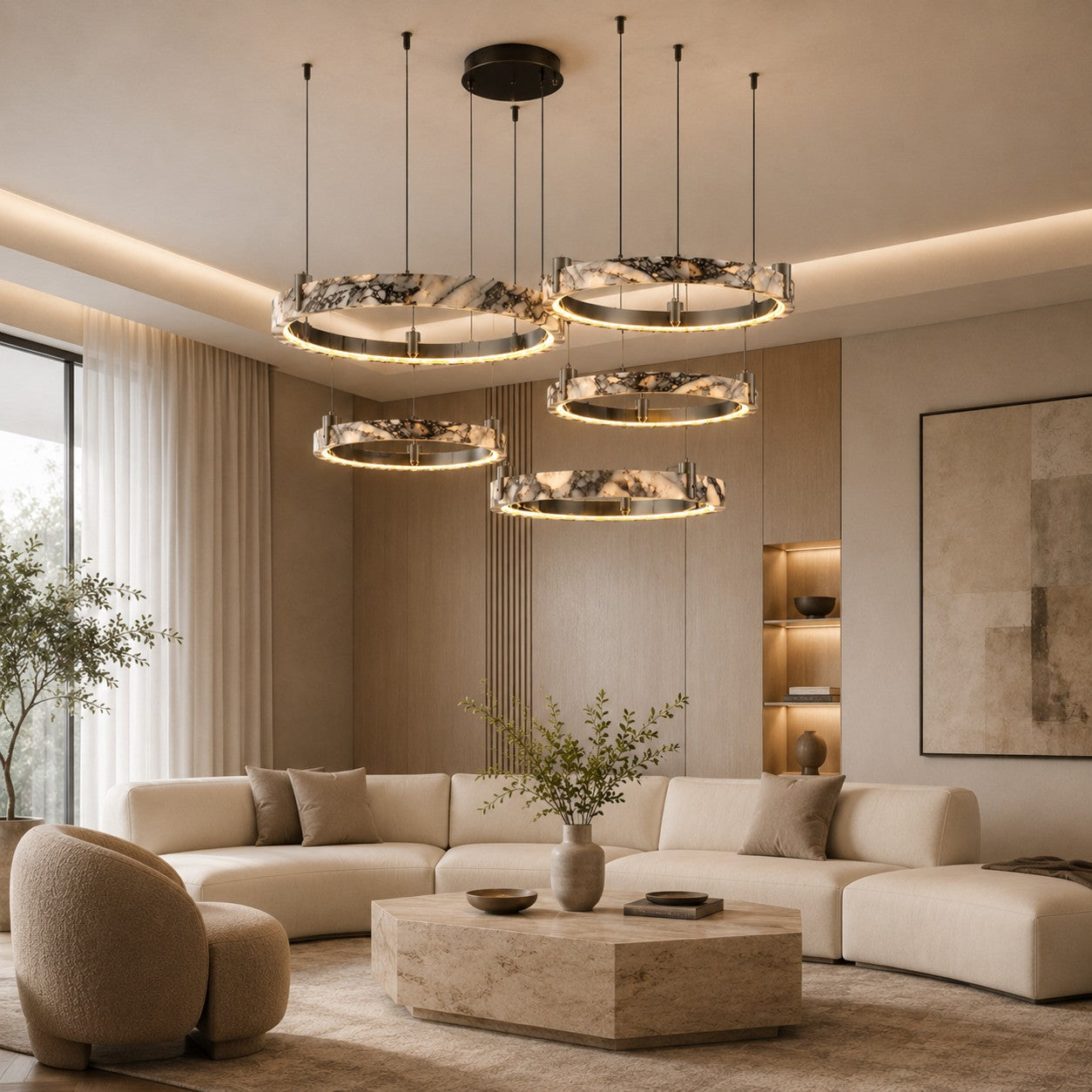 Natural Marble Dimmable LED Multi-Ring Chandelier