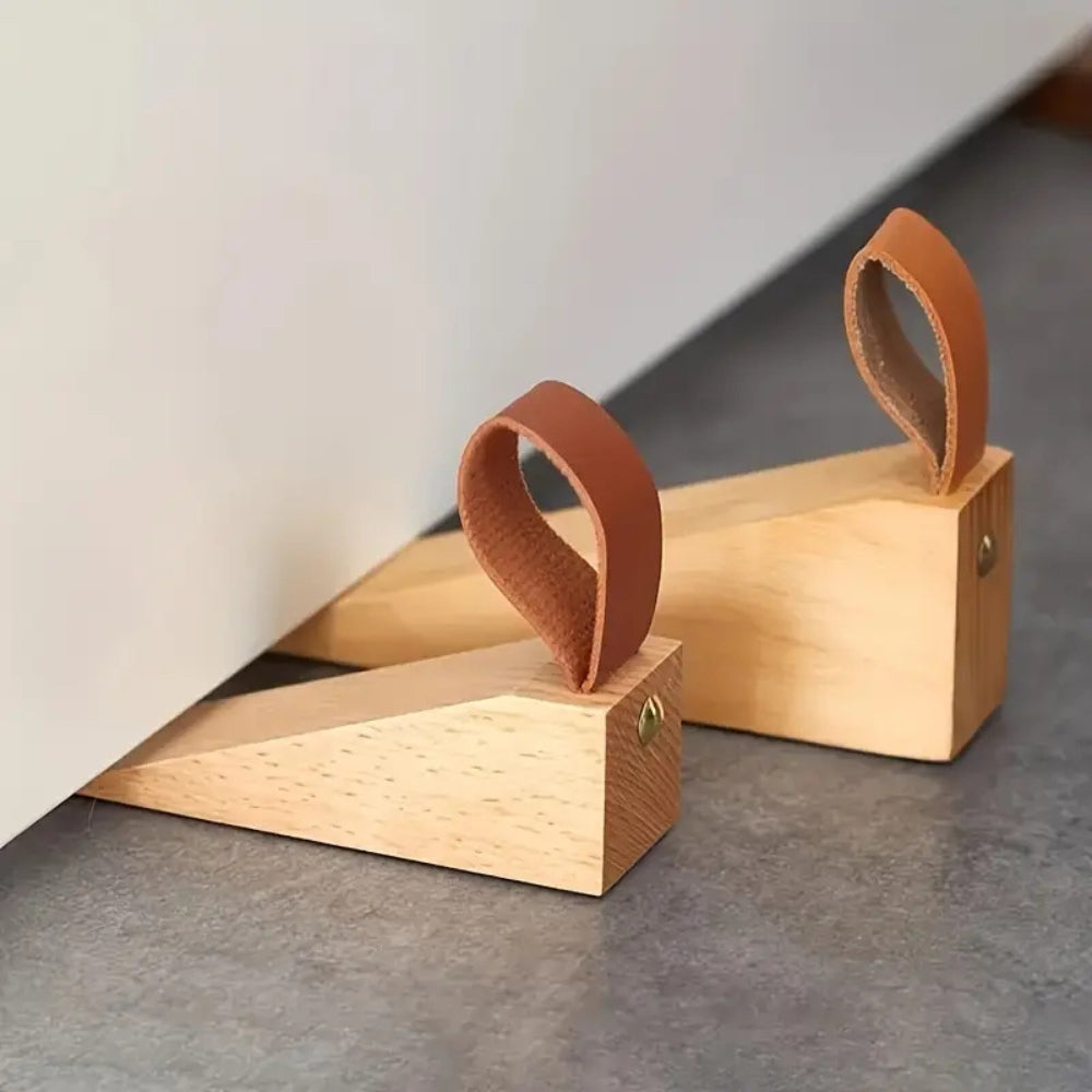 Natural Wood Door Stopper (Polished Metal Top & Anti-Slip Base)