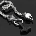 Necklace Adjustable Stainless Steel Viking Wolf Heads & Hammer