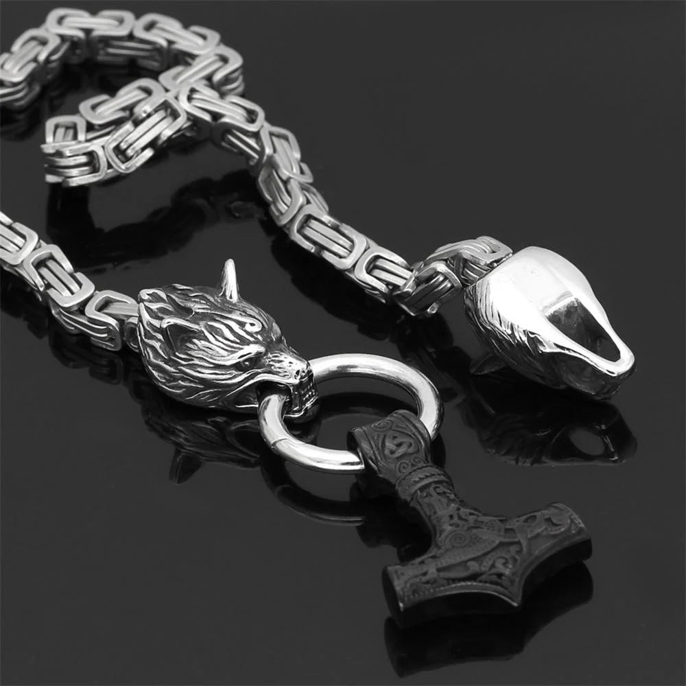 Necklace Adjustable Stainless Steel Viking Wolf Heads & Hammer