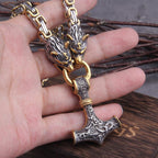Necklace Adjustable Stainless Steel Viking Wolf Heads & Hammer