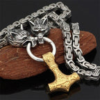 Necklace Adjustable Stainless Steel Viking Wolf Heads & Hammer