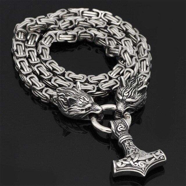 Necklace Adjustable Stainless Steel Viking Wolf Heads & Hammer
