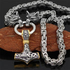 Necklace Adjustable Stainless Steel Viking Wolf Heads & Hammer