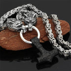 Necklace Adjustable Stainless Steel Viking Wolf Heads & Hammer