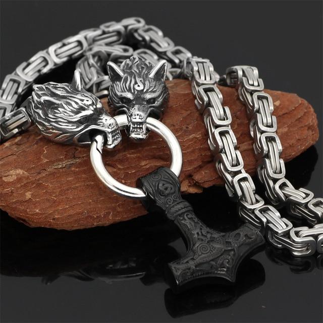 Necklace Adjustable Stainless Steel Viking Wolf Heads & Hammer