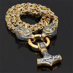 Necklace Adjustable Stainless Steel Viking Wolf Heads & Hammer