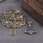 Necklace Adjustable Stainless Steel Viking Wolf Heads & Hammer
