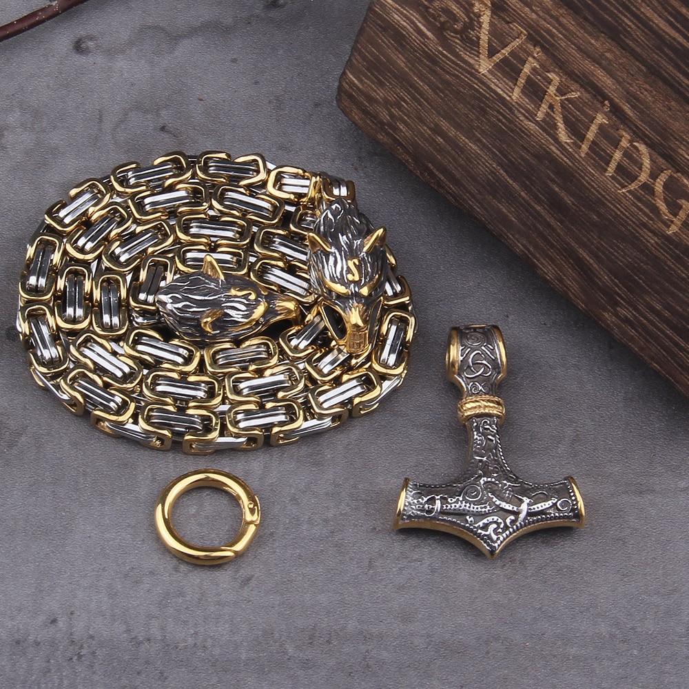 Necklace Adjustable Stainless Steel Viking Wolf Heads & Hammer