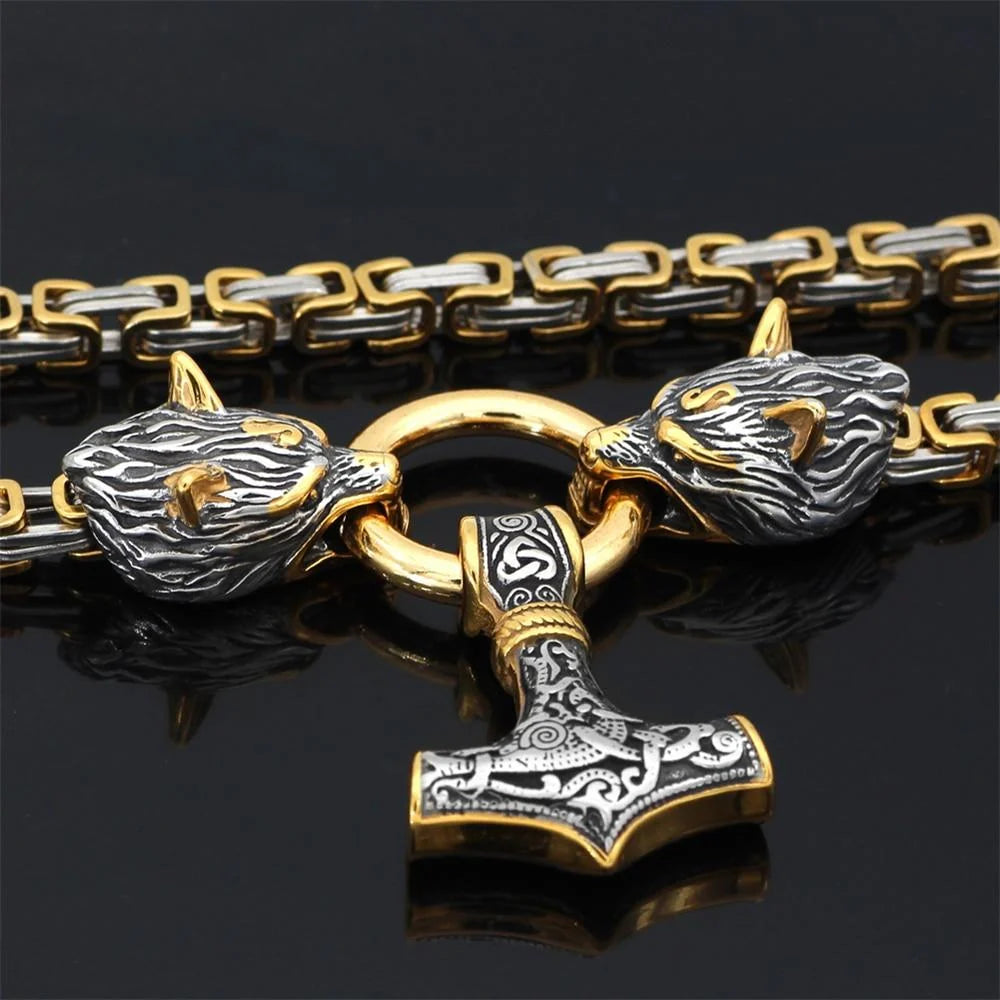 Necklace Adjustable Stainless Steel Viking Wolf Heads & Hammer