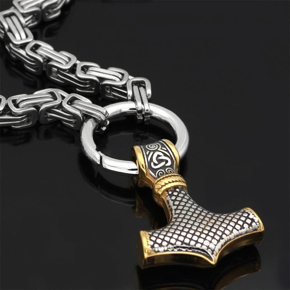 Necklace Adjustable Stainless Steel Viking Wolf Heads & Hammer