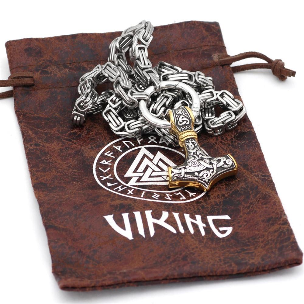 Necklace Adjustable Stainless Steel Viking Wolf Heads & Hammer