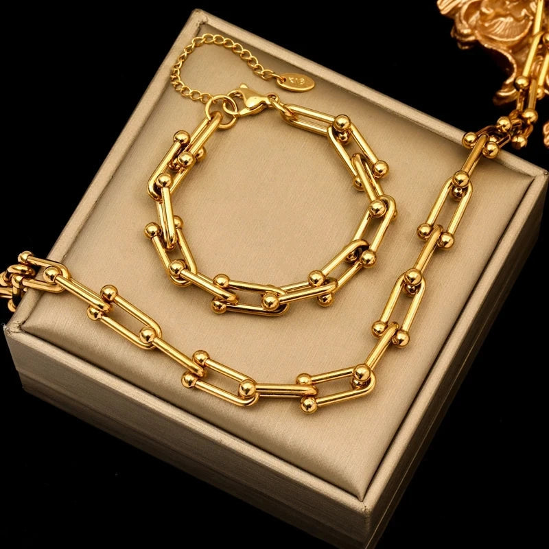 Necklace & Bracelet Set Gold-Plated Stainless Steel Adjustable Lengths