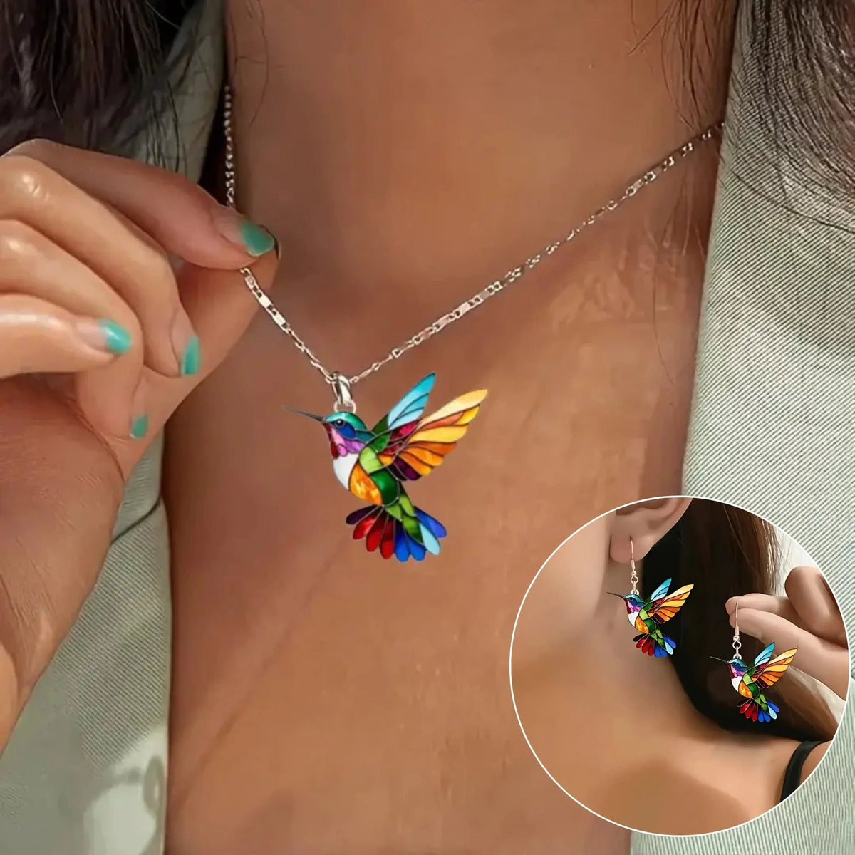Necklace & Earrings Set Stained Glass Enamel
