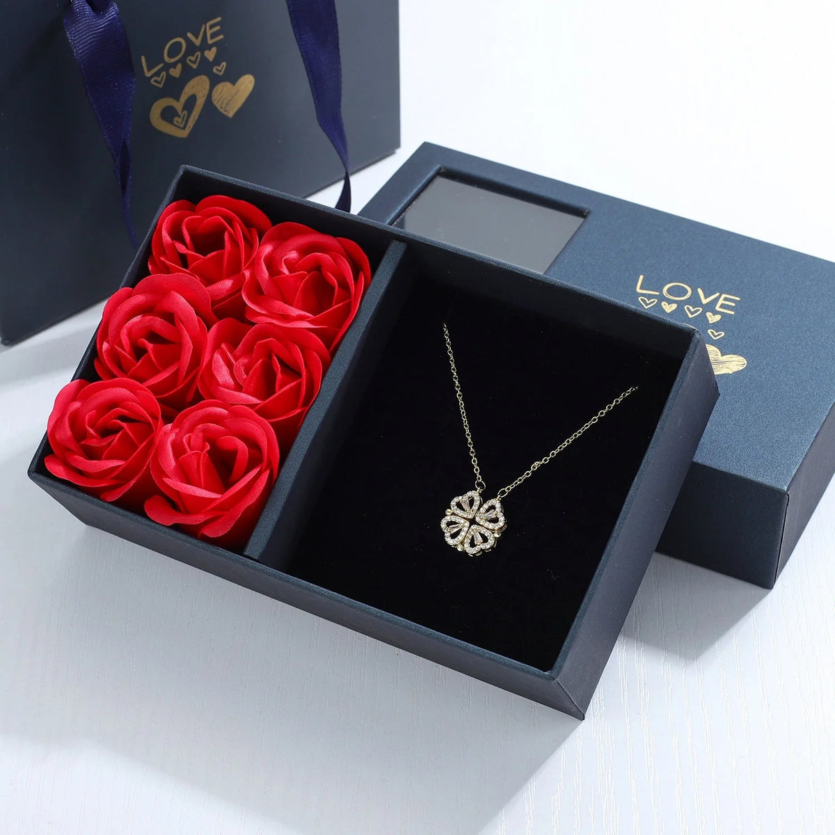 Necklace Four-Heart Clover Centered Pendant & Adjustable Chain