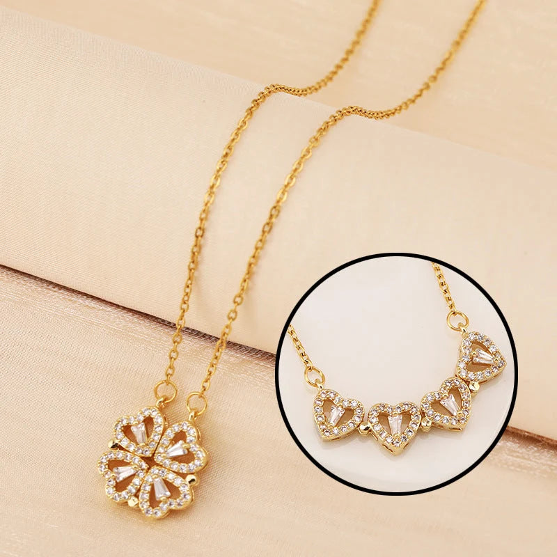 Necklace Four-Heart Clover Centered Pendant & Adjustable Chain