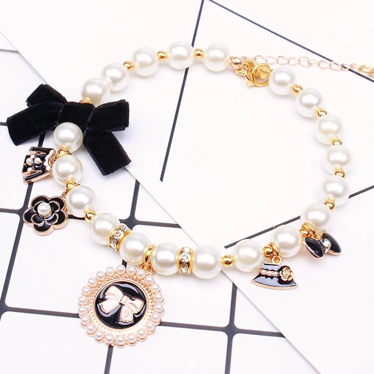 Necklace Hepburn-Style Lace Pearl & Rhinestone Bow