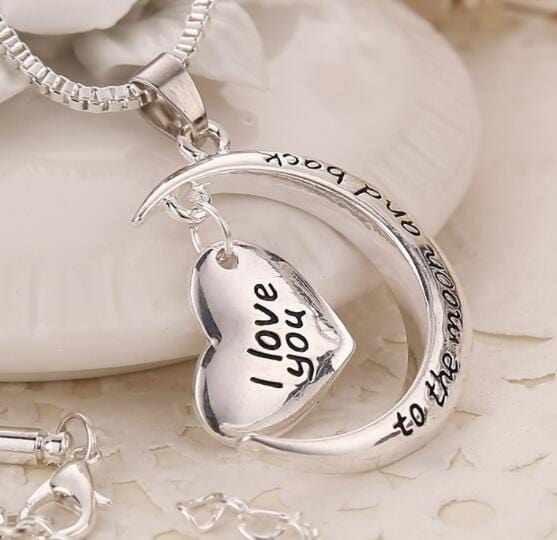 Necklace Moon & Heart Pendant Silver-Tone Metal Alloy