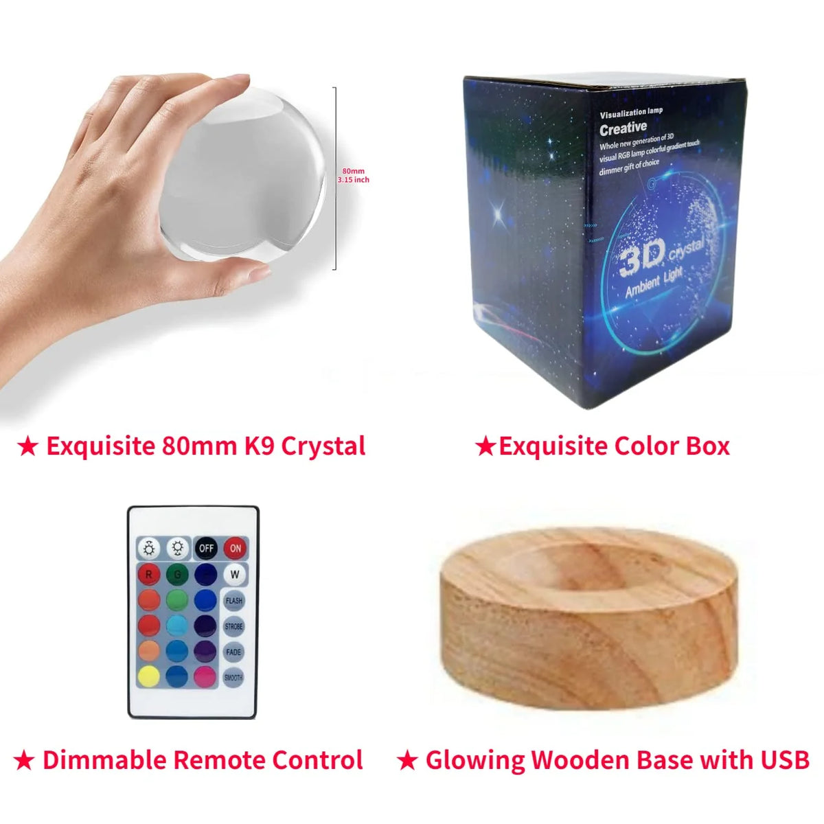 Night Light 3D Laser-Etched Optical Crystal Wooden LED Base