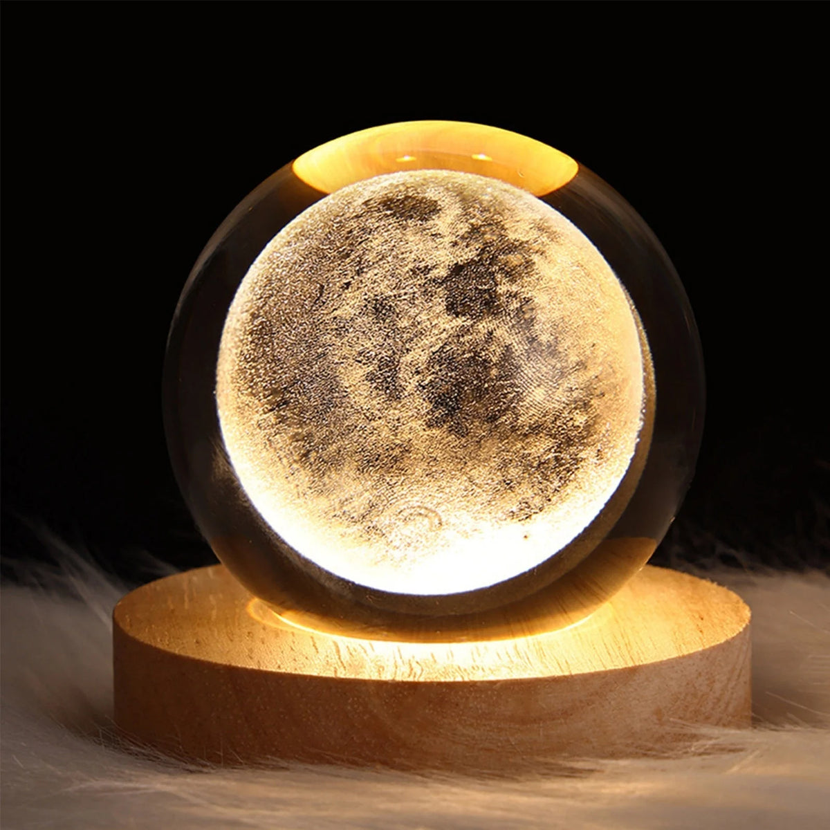Night Light Crystal Glass Globe Wooden Stand USB Rechargeable