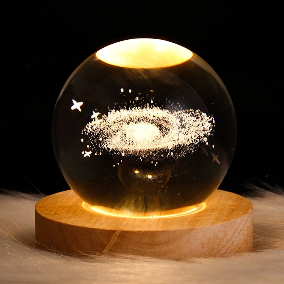 Night Light Crystal Glass Globe Wooden Stand USB Rechargeable