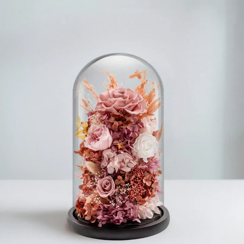 Night Light Preserved Flowers Glass Dome Battery-Powered