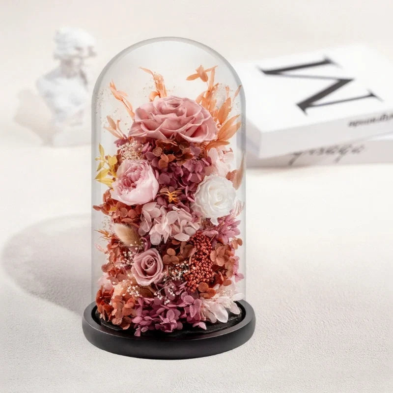 Night Light Preserved Flowers Glass Dome Battery-Powered