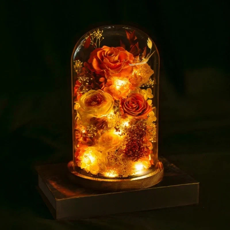 Night Light Preserved Flowers Glass Dome Battery-Powered