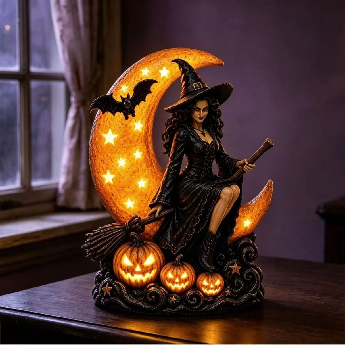Night Light Witch On Moon Polyresin LED Cordless
