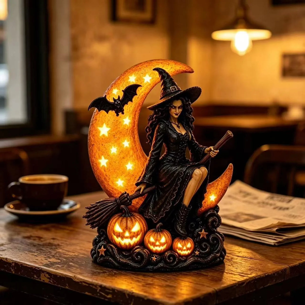 Night Light Witch On Moon Polyresin LED Cordless