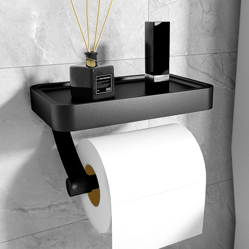No-Drill Stainless Steel Toilet Paper Holder (Integrated Shelf)
