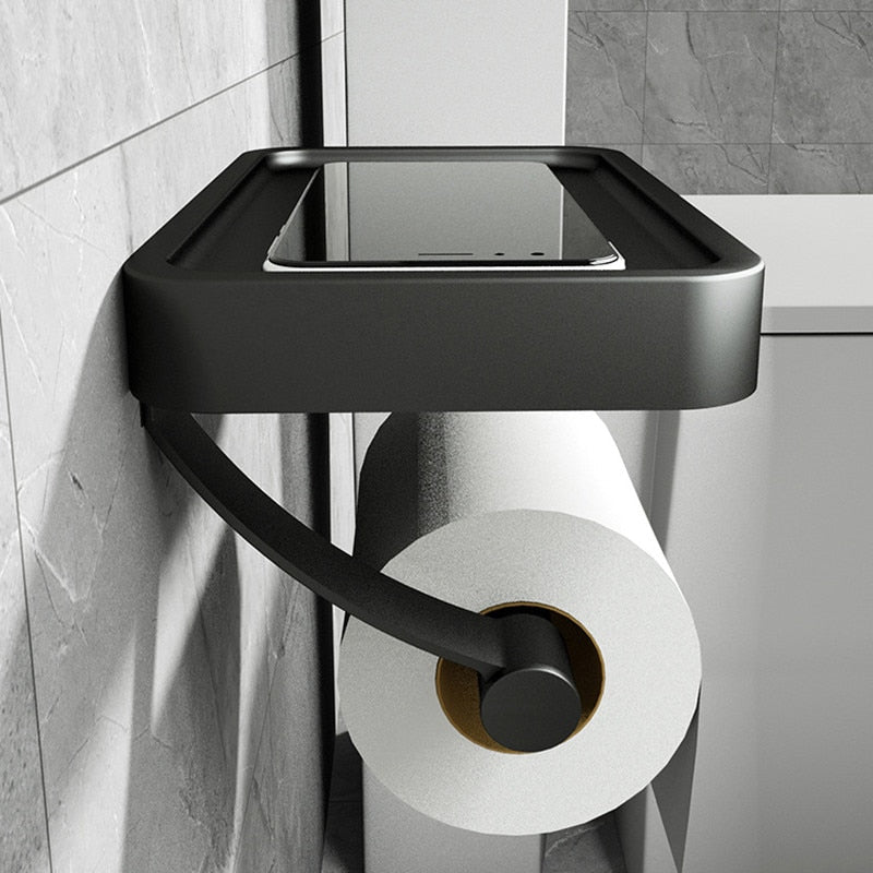 No-Drill Stainless Steel Toilet Paper Holder (Integrated Shelf)
