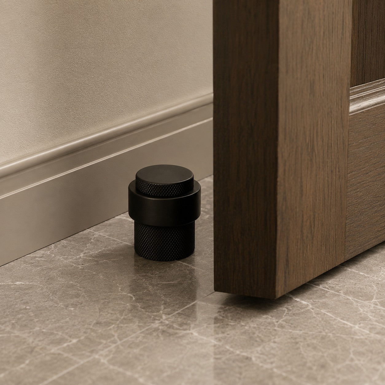 Noise-Reducing Floor-Mounted Rubber Door Stop (Knurled Brass Accent)