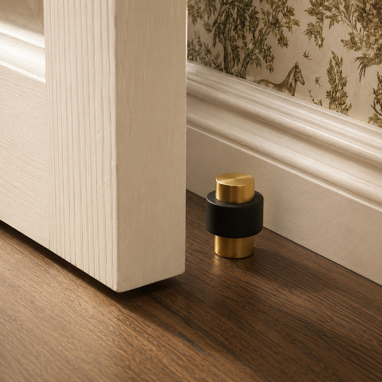 Noise-Reducing Floor-Mounted Rubber Door Stop (Knurled Brass Accent)
